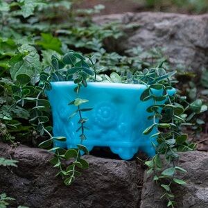 Fenton Blue Satin Milk Glass Planter